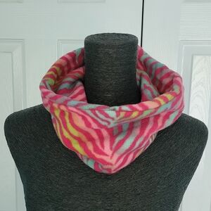 Hand crafted neck warmer in warm pink, light pink light purple light blue & lime